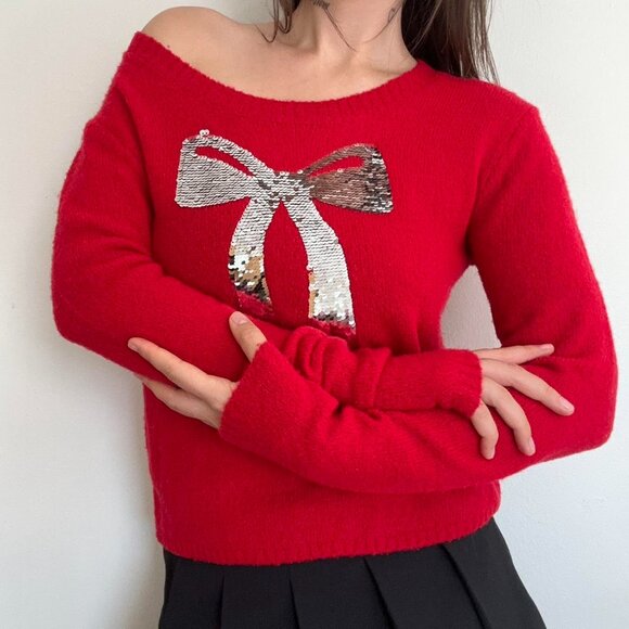 Red sequin sweater bow print holiday Christmas vibe - Picture 4 of 7